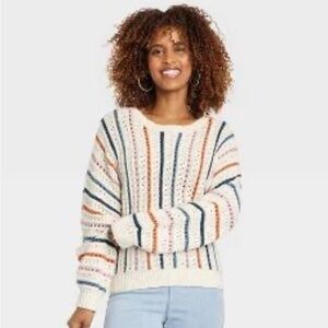 Knox Rose Open Weave Cotton Acrylic Sz Large Crewneck Striped Sweater EUC